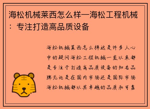 海松机械莱西怎么样—海松工程机械：专注打造高品质设备